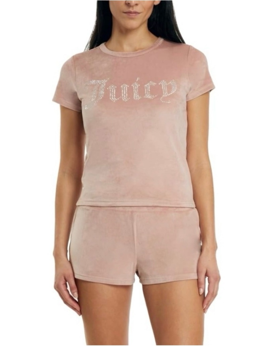Juicy Couture Dusty Pink Velvet “Juicy” Rhinestone Logo Lounge Shorts - Picture 2 of 5